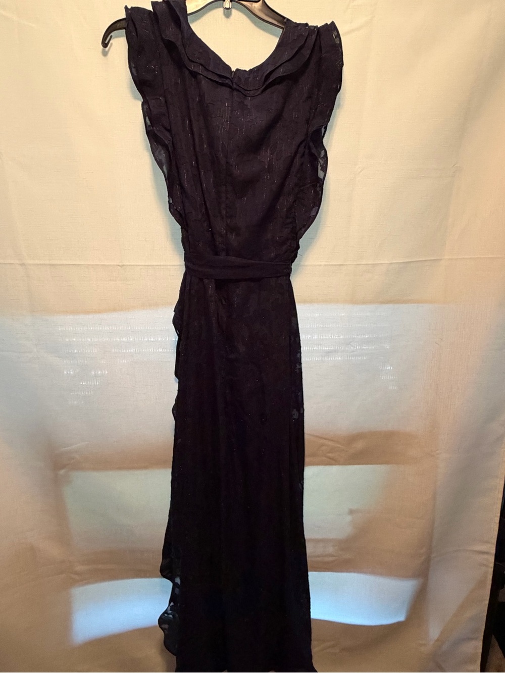 DKNY Black Ruffled Midi Dress with Self-Tie Waist - Picture 3 of 6